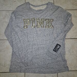 Gray Long Sleeve with Gold Sequin PINK Logo